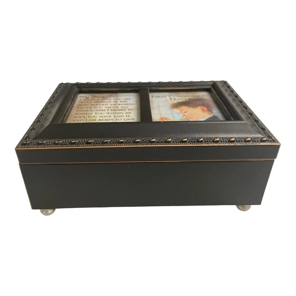 First Communion Black Rope Trim Music Box Plays Handel's Hallelujah